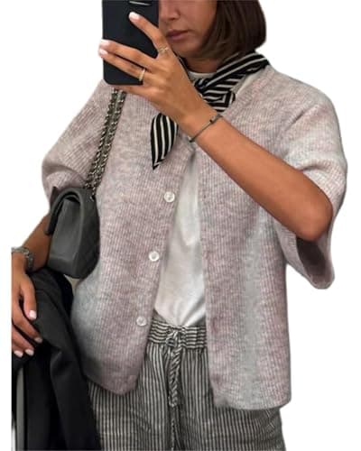Image of Felcia Women's Knitted Crop Cardigan Shirt Short Sleeve Sweater Round Neck Ribbed Button Down Sweater Y2k Preppy Fall Outfits (A-Light Brown, M)