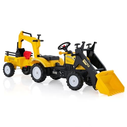 Image of COSTWAY Kids Ride on Car, Pedal Excavator Tractor with Detachable Trailer, Moving Bucket Digger, Steering Wheel, Horn, Children Pedal Go Kart for 3-6 Years Old (Yellow)