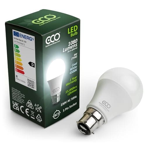 Image of ECO 3 Pin BC3, 8W Energy Saving LED Light Bulb, 75W Equivalent, Cool White 6500K, Non-Dimmable, 15,000hrs Lifetime.