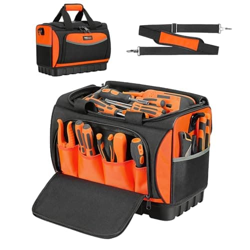 Image of TUFFWORX Wide Mouth Tool Bag with 18 Pockets, 40 x 25 x 29 CM, Heavy Duty Electrician Tool Bags, Tool Storage Organiser with Waterproof Tough Base, Orange/Black, 16 Inch