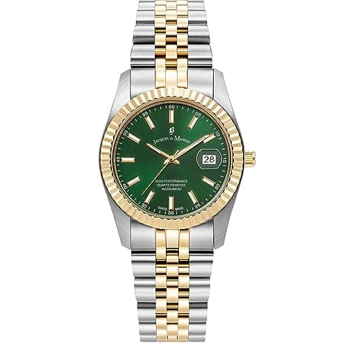 Image of Jacques Du Manoir Inspiration JWN02301 Women's Stainless Steel Watch 34 mm Stainless Steel Bracelet Colour: Gold/Silver 5 Bar Green Dial Crystals Date Display