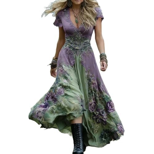 Image of Zeiayuas Boho Dress Ladies Summer Short Sleeve V Neck Plus Size Flowy Maxi Dresses Boho Beach Floral Embroidered Dress Elegant Party Casual Long Dresses A-line Holiday Bohemian Sundress Green