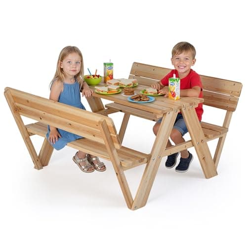 Image of COSTWAY Kids Picnic Table, Fir Wood Children Outdoor Table with 2 Built-in Benches, Toddler Activity Furniture Set for Garden Backyard Patio (116 x 90 x 55cm, without Umbrella)