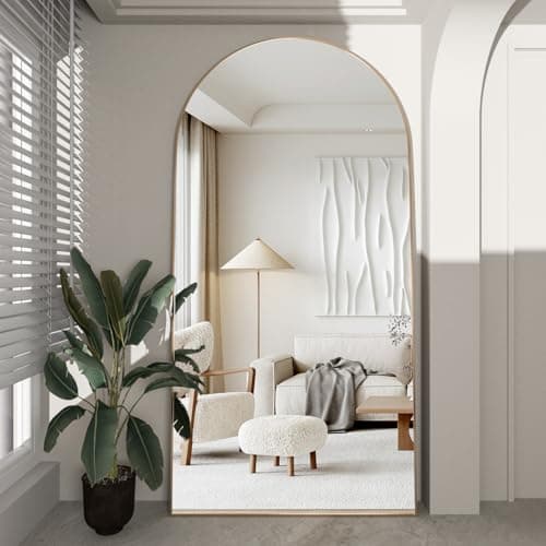 Image of CASSILANDO Gold Arched Full-length Mirror 180x80cm Floor with Standing Aluminum Alloy Frame Large Dressing, Hanging or Leaning, Full Body Mirrors for Bedroom Living Room