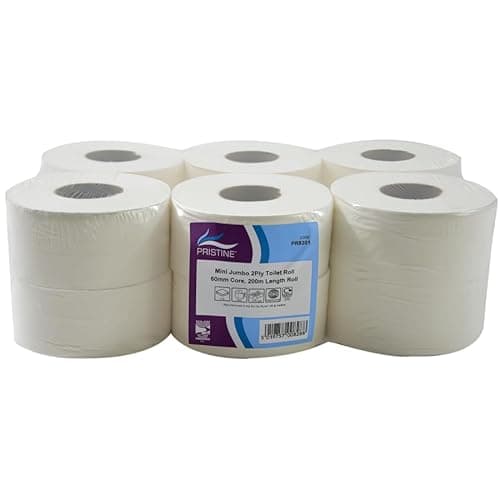 Image of Pristine Mini Jumbo White Toilet Tissue, 2-Ply, 60mm Core, 200m Length, Soft to Touch 100 Percent Recycled Pulp Tissue, CHSA and FSC Accredited, UK Made (Case of 12 Rolls)