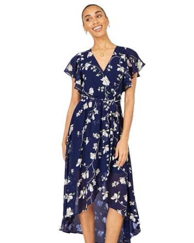 Image of Yumi Navy Floral Wrap Midi Dress with Frill Hem (UK, Numeric, 20, Regular, Regular, Navy)