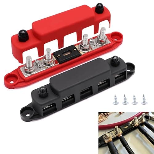 Image of AULESSE 12V-48V Bus Bar Power Distribution Block 300 Amp Bus Bar Copper Made with 4 x M8 Terminal Block Studs,Heavy-Duty Module Busbar Junction Block with Fuse for Cars RVs Ships Yachts -2PCS