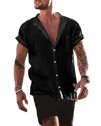 Image of YAOBAOLE Short Sleeve Hippie Casual Beach T Shirts Button Up Casual Shirt Black 3XL