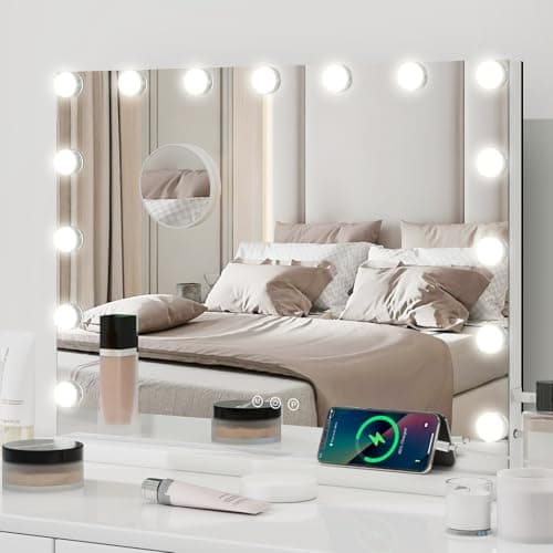 Image of YOURLITE Hollywood Vanity Mirror with Lights, 58×45cm Lighted Makeup Mirror with 15 Dimmable Led Bulbs, 3 Lighting Modes, Touch Screen Control, Tabletop and Wall Mounted for Bedroom