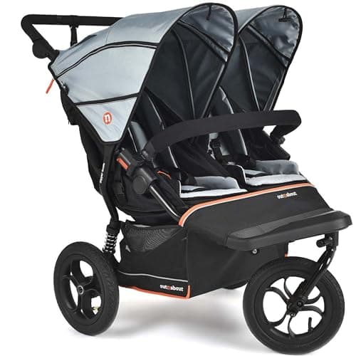 Image of Out’n’About Nipper Double V6 Pushchair | Lightweight All-Terrain 3 Wheel Double Buggy & Rain Cover | 12” Air-Filled Tyres, 71cm Wide, Compact Fold Stroller, Pram | Newborn to 4yrs (Rocksalt Grey)