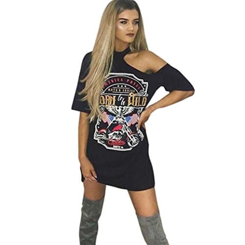 Image of HOMEBABY Women Vintage Off Shoulder Rock Style Long T-Shirt Mini Dress (l) Black