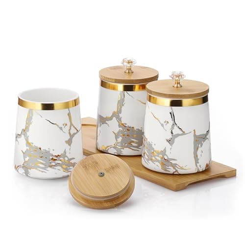 Image of BTSKY White Ceramic Canister with Wood Lid and Tray - Airtight 3pcs Storage Canisters Food Storage Containers for Coffee Tea Sugar, Storage Pots Jars with Wood Lid and Glass Handle