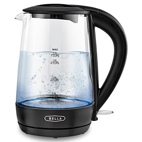 Image of BELLA 1.7 Liter Glass Electric Kettle, Quickly Boil 7 Cups of Water in 6-7 Minutes, Soft Blue LED Lights Illuminate While Boiling, Cordless Portable Water Heater, Carefree Auto Shut-Off, Black