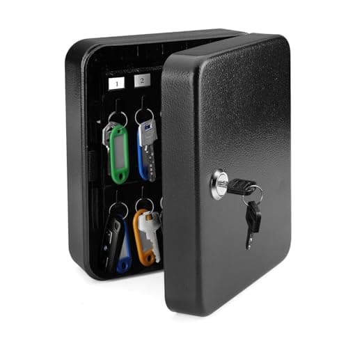 Image of Flexzion Key Cabinet Key Lock Box Wall Mount with 40 Key Holder Organizer Locker Case, Colored Key Tags & Hooks Wall Mounted Lock Box for Keys Storage, Homes, Property, Hotels, Business (Black)