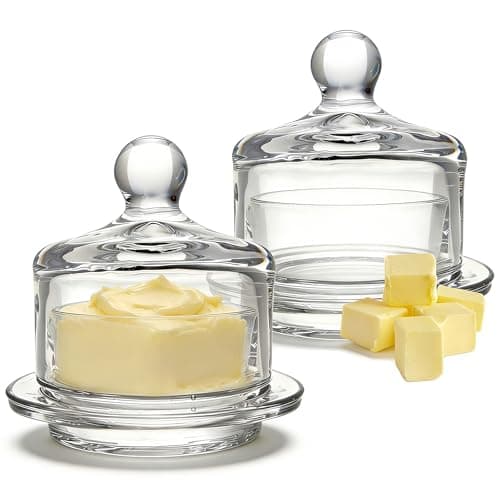 Image of Glass Butter Dish with lid, 2 Pack Small Butter Dish, Clear Serving Storage Container, Round Butters dishs, for Butter, Jam, Parfait, Dessert,Sugar,Small Cake