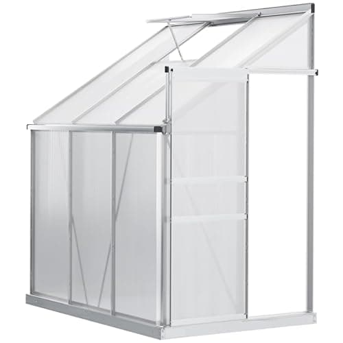 Image of Fasba 6 x 4ft Lean to Wall Polycarbonate Greenhouse Aluminium Walk-in Garden Greenhouse with Adjustable Roof Vent, Rain Gutter and Sliding Door, Clear
