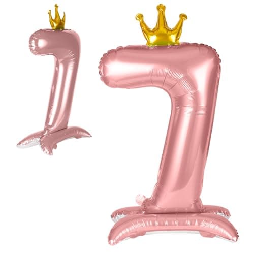 Image of APXEL Pink Standing Crown Number 7 Balloons, 42 Inch Large Foil Number 7 Balloons, Self Inflating 7th Birthday Balloon for 7 Year Anniversary Birthday Party Christmas Decorations