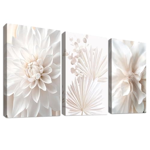 Image of 3Pcs Wooden Framed Canvas Wall Art White Lotus Peony Palm Leaves Canvas Prints Boho Minimalist Flower Pictures for Living Room Bedroom Kitchen Hallway Stairs Wall Decor 90x40cm(12"x16"x3pcs)