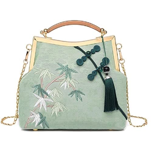 Image of DANLINI Embroidery Tassel Clutch Purses for Women Evening Bag Party Prom Handbags Bridal Wedding Crossbody Shoulder Bags floral clutch purses, Green
