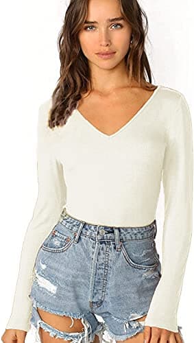Image of Women's Ladies Long Sleeve V Neck Basic Top Jersey Plain Stretchy Slim Fit Casual Wear T-Shirt Tee Tops 8-10 Cream
