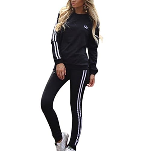 Image of Tidecc Women Tracksuit Set Long Sleeve Stripe Sweatshirt Hoodies+Pants Sports Suits 2PCS Full Tracksuit 3 Colours (UK, Numeric, 6, 8, Regular, Regular, Black)