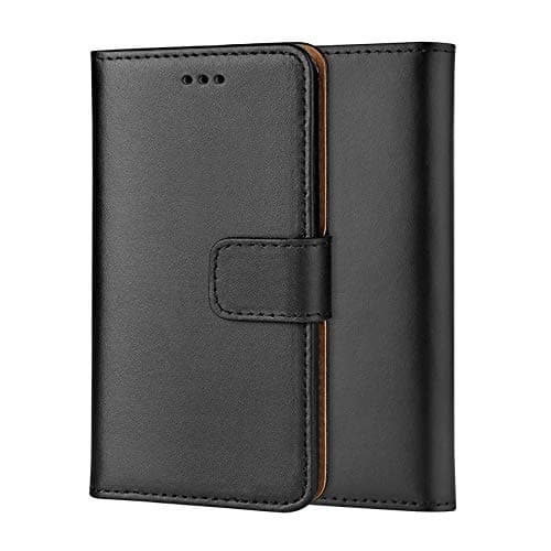 Image of ameego Premium Genuine real Leather Wallet Flip protective Case with Tan Interior, kickstand, Card slots and Magnetic closure Slim design Notebook flip cover for HTC one M9 (5.0”) (BLACK)