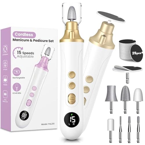 Image of Electric Nail File, Cordless Nail Drill Machine 15 Speeds, Professional Pedicure Sets for Feet E File for Acrylic and Gel Nails with LED Light, Portable Nail Files Electric Nail Drill