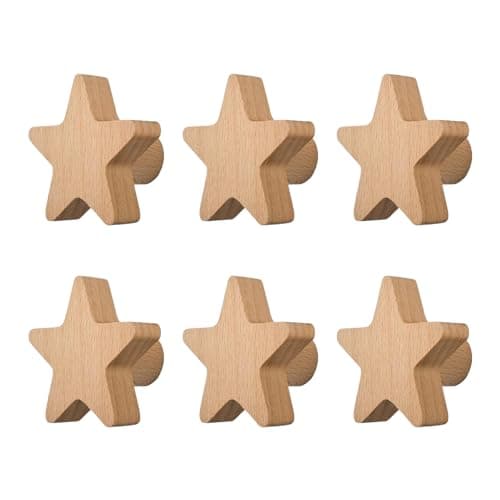 Image of MOROBOR 6PCS Star Shaped Wooden Hooks, Decorative Nursery Hook Single Hole Beech Wood Handles Self Stick Wood Cupboard Cabinet Handle for Bedroom Living Room Children's Room