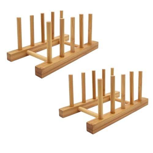 Image of efbock Plate Rack Holder for Kitchen Cupboards Bamboo Wooden Chopping Board Tray Dish Rack Stand Drainers, Kitchen Cabinet Organizer for Plate/Cup/Pot Lid (2, 4 slots)
