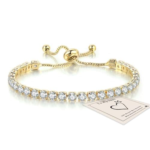 Image of HEEYA Gold Tennis Bracelets for Women, Sterling Silver Bracelet Silver Crystal Friendship Bracelets, Gold Adjustable Diamond Cubic Zircona Lady Bracelet Birthday Presents for Mum