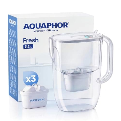 Image of AQUAPHOR Fresh Water Filter Jug (White) 3.2L Fridge fitting design with easy fill lid - BPA free - Inc 3 x Maxfor+ high performance cartridge reducing microplastics and PFAS for better tasting water