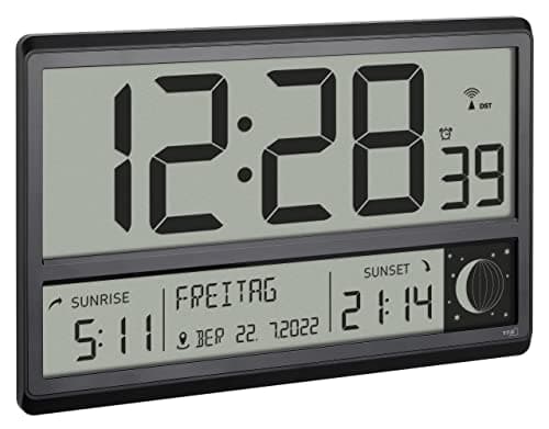 Image of TFA Dostmann Digital XL Radio Controlled Wall Clock with Sunrise and Sunset Alarm Large Digits Moon Phase Silent Black 60.4524.01