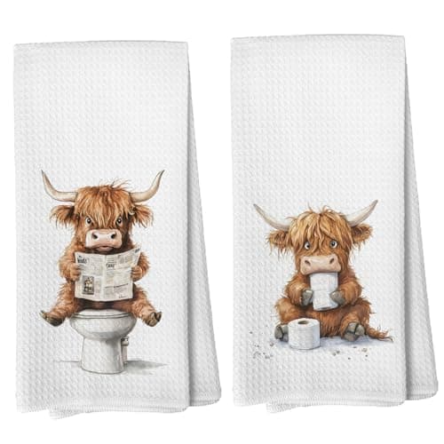 Image of Liosei Highland Cow Bathroom Hand Towels - Highland Cow Gifts for Women Dish Towels Decorations, Rustic Farmhouse Cows Towel for Kitchen Bathroom Decor, 16 x 24Inch Set of 2