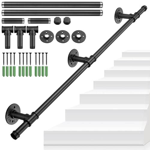 Image of TANICE Stair Handrail, Black Hand Rails Stairs, 1M Handrails for Stairs, Anti-Slip Banister Rails, Industrial Pipe Clothes Rail, Outdoor Indoor Industrial Pipe Stair Banister for Elder and Child