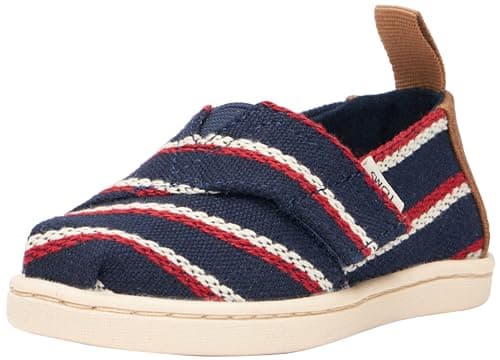 Image of TOMS Youth Girl's Classic Alpargata Espadrille Loafer Flat, Navy Woven Stripes, 1.5 UK