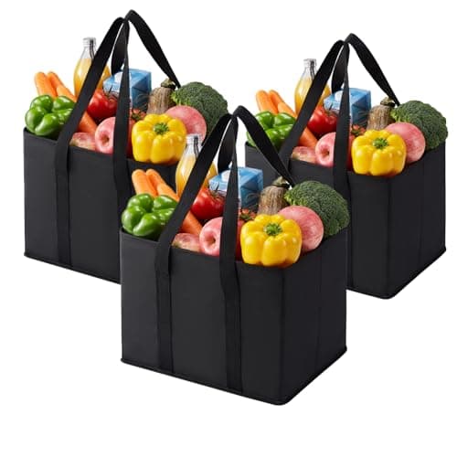 Image of VENO 3 Pack Reusable Shopping Trolley Bags Set, Heavy Duty Collapsible Grocery Box Bag with Reinforced Bottom, Folding Tote Bag Storage Bins (Black - Set of 3)