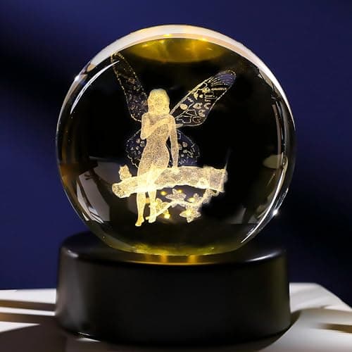 Image of Ornalrist 6cm K9 Crystal Ball Engraved 3D Fairy Sitting on the Stake Figurine Paperweight with LED Light Base, Fairy Themed Ornament Gifts for Girl Women Her Fairy Lovers