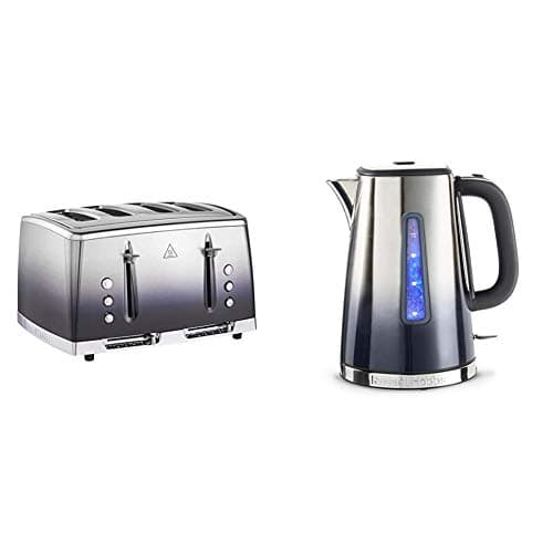 Image of Russell Hobbs 25141 Eclipse Polished Stainless Steel Ombre Four Slice Toaster, Midnight Blue with Kettle