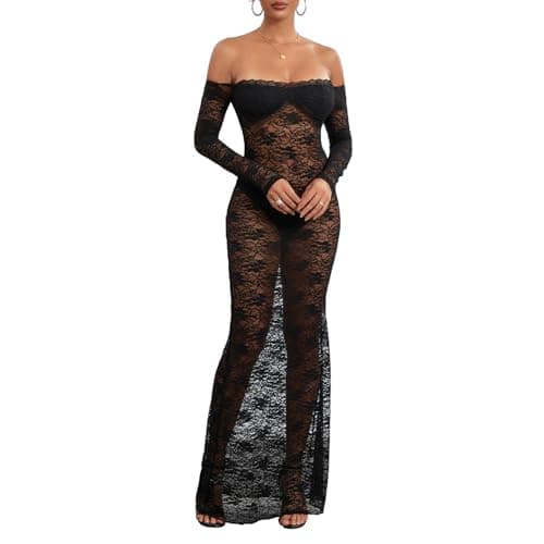 Image of CocMouse Women Vintage Y2k Lace Maxi Dress Long Sleeve Off Shoulder See Through Mesh Bodycon Dress Sheer Club Long Dress (Black, S)