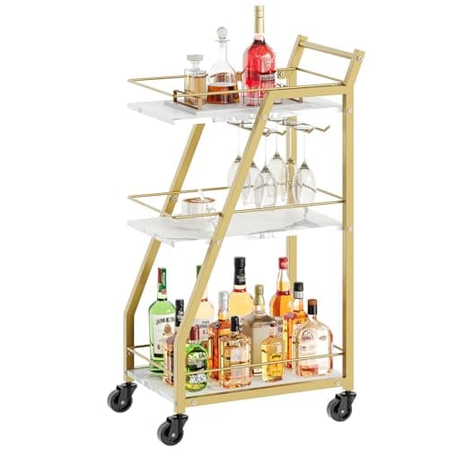 Image of YATINEY Bar Cart, Drinks Trolley with Glass Holder, Serving Trolley on Wheels, Small Gold Bar Cart, Drinks Cart for Bar, Kitchen, Dining, Marble White and Gold XBC03DW