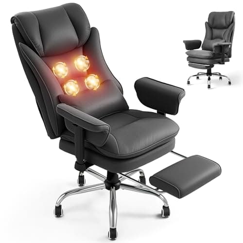 Image of Warmiehomy Massage Office Chair with 4-Point Heated, 155° Reclining, Ergonomic Office Chair with Footrest & Lumbar Pillow, Heavy Duty Executive Computer Chair for Home Office (Tech Fabric, Grey)