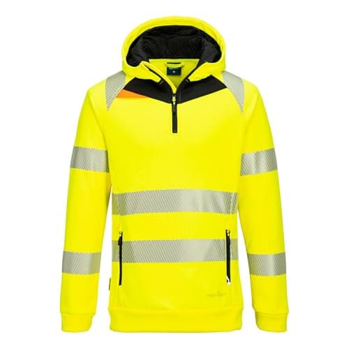 Image of Portwest DX482 DX4 Hi Vis Quarter Zip Hoodie Bonded Fleece Stretch Fabric Segmented Reflective Tape Slim Fit Adjustable Hood Multi Pocket Certified Safety Rail Compliant, Yellow/Black, M