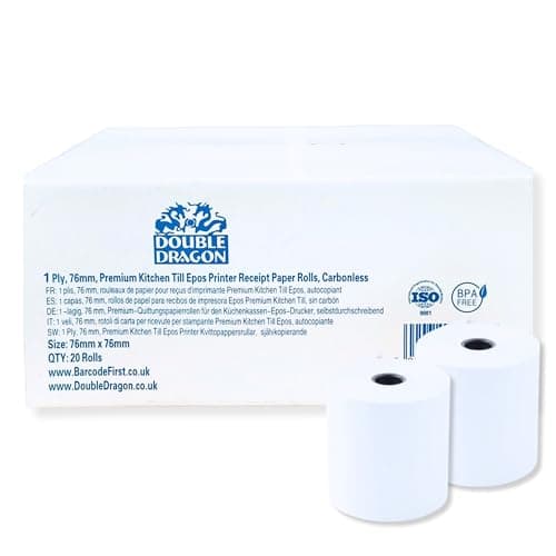 Image of Double Dragon Single Ply Carbonless Premium Paper Rolls, 76x76mm, for Dot-Matrix Impact Kitchen Printer, Printing Calculator, Non-thermal Cash Registers Receipt Printer, Star Clover Bixolon (20 Rolls)