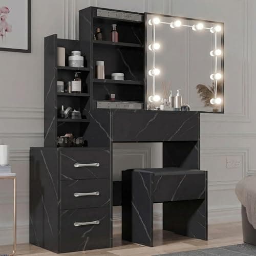 Image of Blisswood Dressing Table with Mirror and Stool – Vanity Makeup Desk with 4 Drawers, 3 Open and Hidden Storage Shelves, 10 LED Bulbs, Modern Make up Organizer for Bedroom or Living Room (Marble Black)