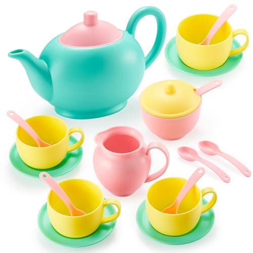 Image of JOYIN Pretend Play Tea Party Set, Play Food Accessories BPA Free Phthalates Free Plastic Tea Set, Toy Tea Set Gifts for Toddler Boys Girls Ages 4,5,6 Years Old kids tea sets for girls