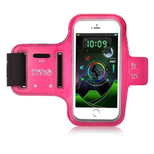 Image of Fitness Guru Running Armband Phone Holder Compatible with iPhone X, 8, 7, 6 Samsung S9 and all Smartphones up to 5.2 inches - Sweat Resistant Universal Sports Strap with Key, Card, Earphone Cable Holders (Pink)
