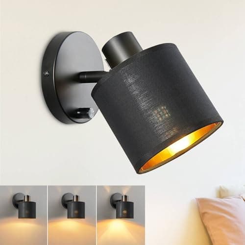 Image of Lightess Wall Lamp Black-Gold Wall Lights Fabric Face Spotlight E27 Socket 40W Max Adjustable Downlight Swivelling Wall Lights for Kitchen Bedroom Living Room Indoor (No Bulb)