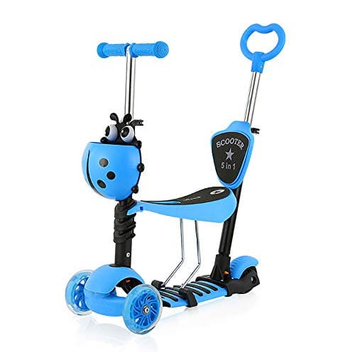 Image of Dripex 5-in-1 Kids Scooter Toddler Scooter with Flashing Led Light Up Wheels 3 Wheels Kick Scooter with Adjustable Handlebar Removable Seat and Push Handle (Blue)