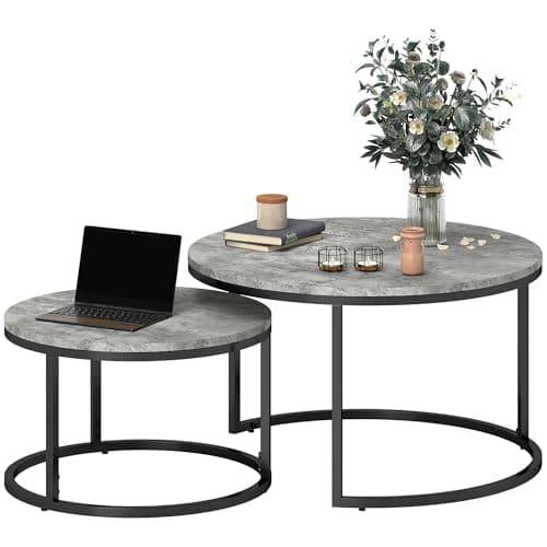Image of HOMCOM Round Coffee Table Set of 2, Nesting Tables with Steel Frame for Living Room, Bedroom, Home Office, 78.5 x 78.5 x 46.5 cm, Cement Grey