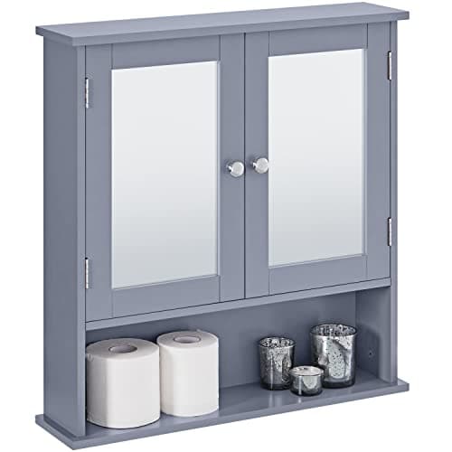 Image of Yaheetech Bathroom Mirror Cabinet Wall-Mounted Storage Cabinet Modern Toilet Cupboard Storage Unit with Double Mirror Doors Adjustable Shelf, Grey, 13cm x 56cm x 58cm